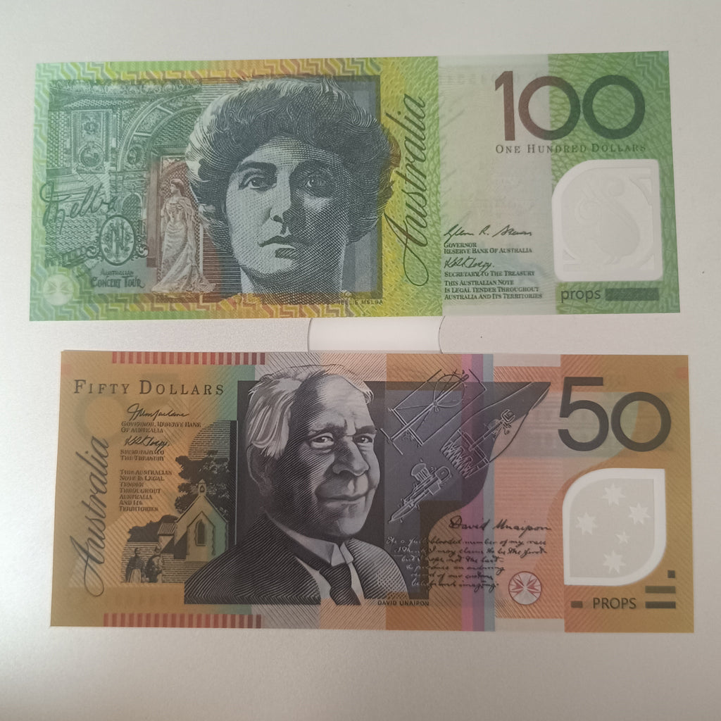 AUD Australian Prop Money with Clear Polymer 20 50 100 Dollar Notes Matte Effect New and Not Real-for Halloween Decorations