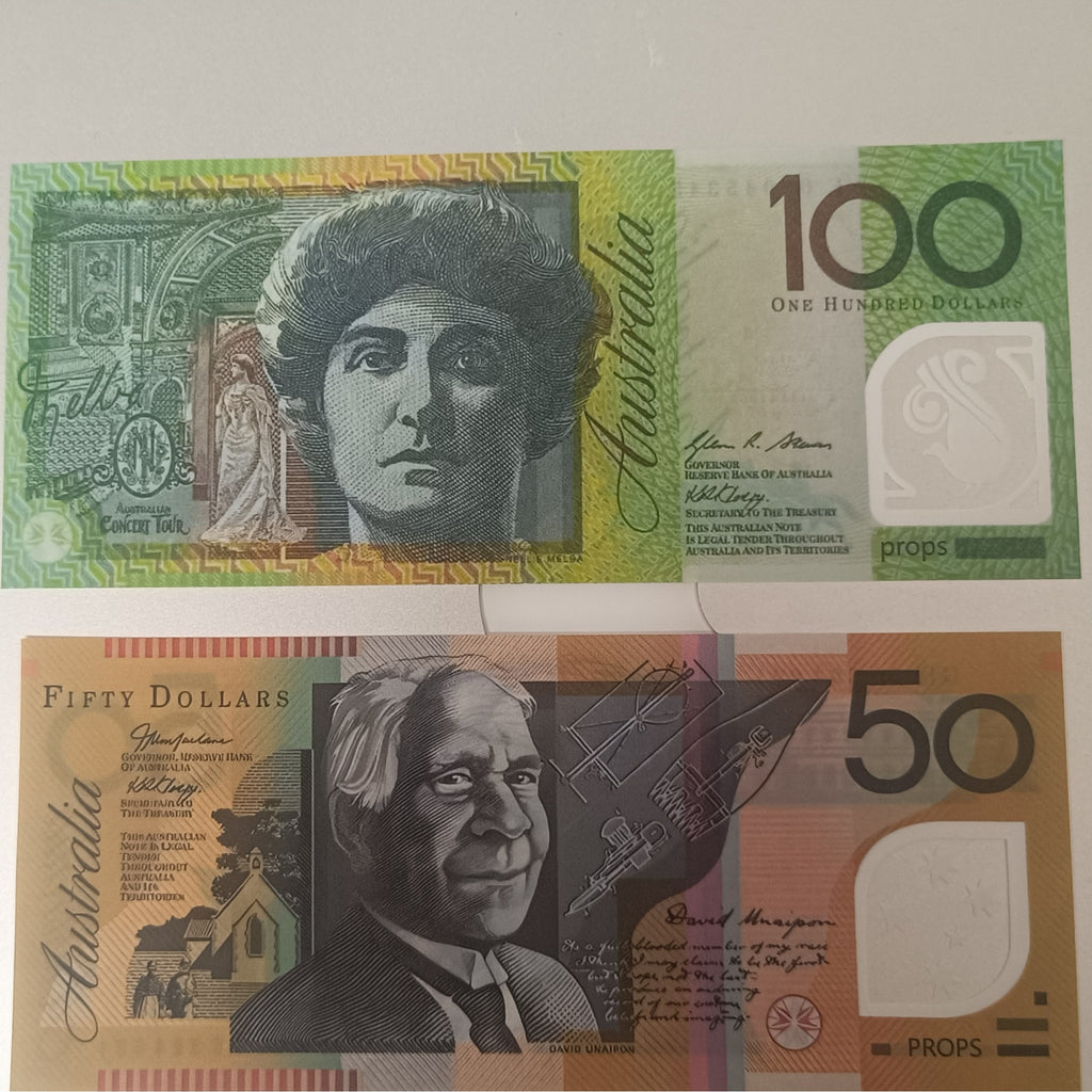 AUD Australian Prop Money with Clear Polymer 20 50 100 Dollar Notes Matte Effect New and Not Real-for Halloween Decorations