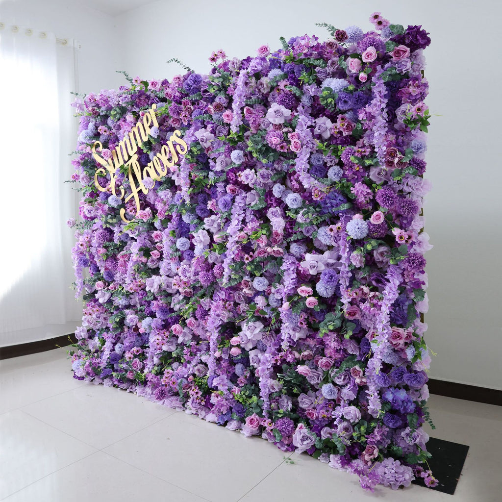 3D Purple Artificial Flower Wall Backdrop, 8x8ft Summer Flowers Decor for Wedding, Party, Photo Booth, Event & Home Decoration