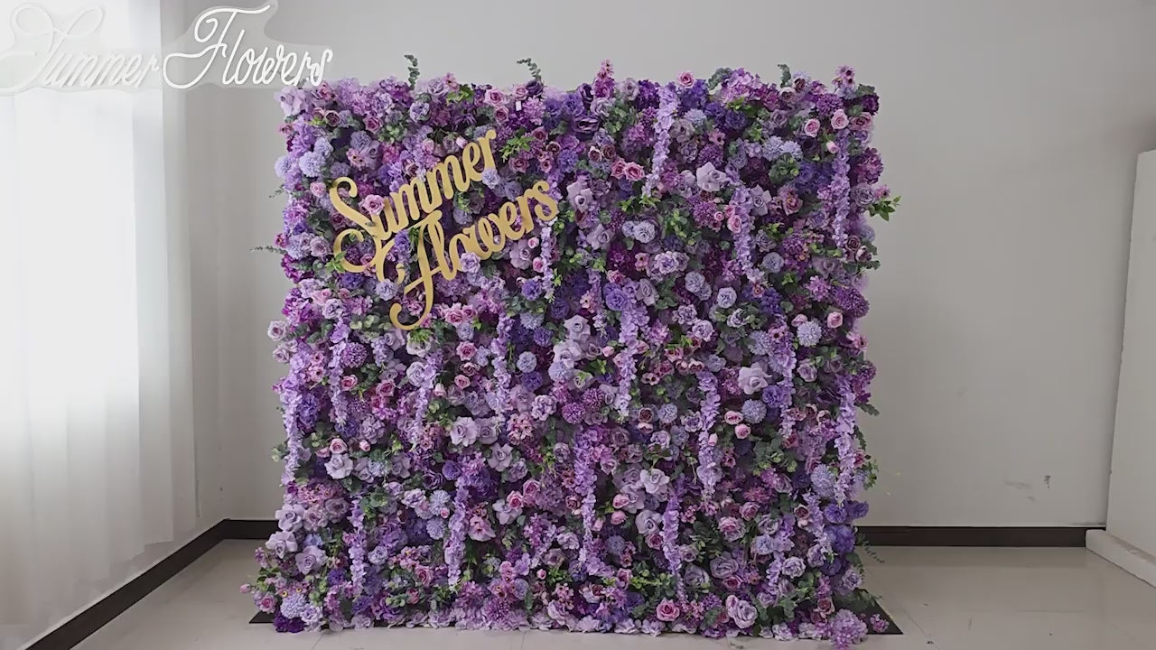 3D Purple Artificial Flower Wall Backdrop, 8x8ft Summer Flowers Decor for Wedding, Party, Photo Booth, Event & Home Decoration