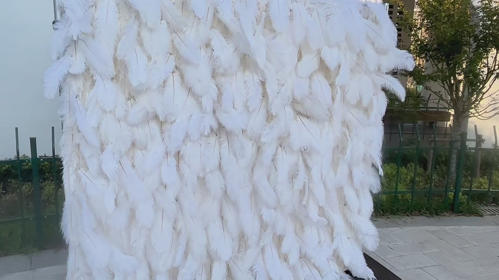 White Feather Wall Backdrop with Cloth Base, Ostrich Feather Decor Panel for Wedding & Outdoor Event Decoration